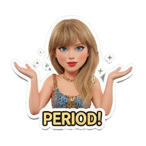 Blonde girl shrugging with 'PERIOD!' text, confident expression. Pop Star Party Vibes sticker for expressive chats and social replies.