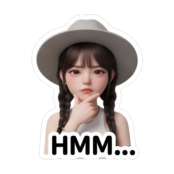 Girl with hat thinking, text HMM... Chic Hat Girl Expressions sticker for expressive chats and social replies.