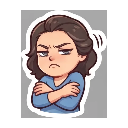 Young woman looking annoyed with arms crossed Cheerful Brunette Daily Life sticker for expressive chats and social replies.