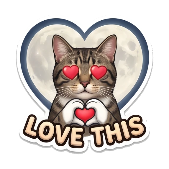 Tabby cat with heart eyes forming a heart shape with paws, text says LOVE THIS. Cosmic Tabby Adventures sticker for expressive chats and social replies.