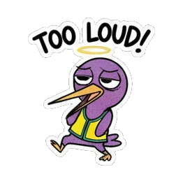 Purple bird looking annoyed, text TOO LOUD Purple Bird Music Festival sticker for expressive chats and social replies.