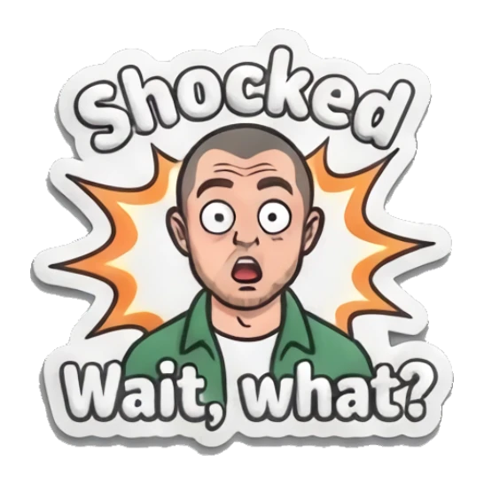 Man looking shocked with 'Shocked' and 'Wait, what?' text Everyday Guy Expressions sticker for expressive chats and social replies.