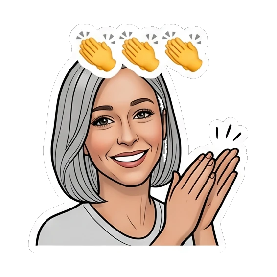 女性双手鼓掌，头顶掌声图标，文字Clap Modern Woman Daily Vibes sticker for expressive chats and social replies.