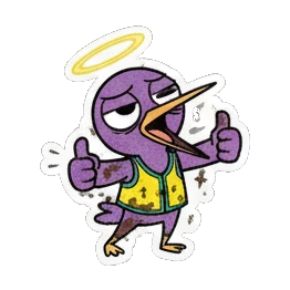 Purple bird giving double thumbs up, text with halo Purple Bird Music Festival sticker for expressive chats and social replies.
