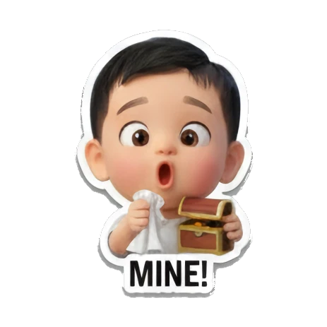 Baby wanting treasure chest 'MINE!' Baby's Daily Moods sticker for expressive chats and social replies.