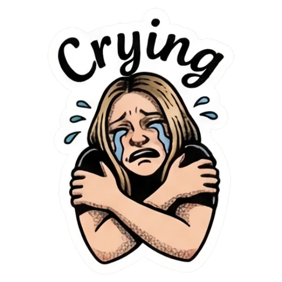 Blonde girl hugging herself and crying with text 'Crying' Vintage Blonde Expressionist sticker for expressive chats and social replies.