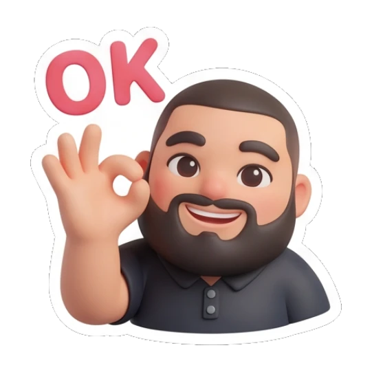 Bearded man making an OK hand gesture with a happy smile. Bearded Buddy Expressions sticker for expressive chats and social replies.