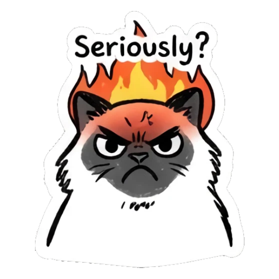 Angry Ragdoll cat with fire on head, text 'Seriously?' Ragdoll Cat Moods sticker for expressive chats and social replies.