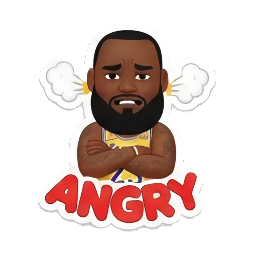 詹姆斯双臂交叉愤怒冒烟，表情严肃，下方有ANGRY文字 King James Court Vibes sticker for expressive chats and social replies.