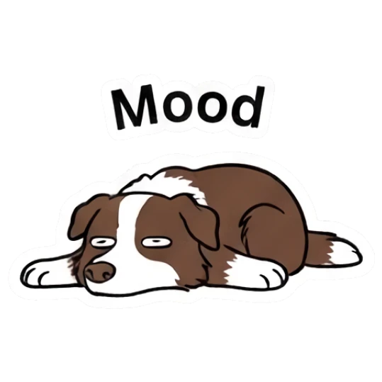 Lazy Border Collie lying down looking bored with text Mood Loki.. LOWKEY Aussie! sticker for expressive chats and social replies.