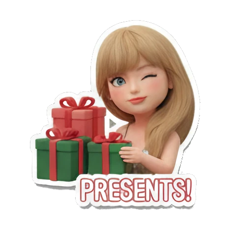 Blonde girl winking behind a stack of gift boxes, text PRESENTS! Festive Blonde Holiday Vibes sticker for expressive chats and social replies.