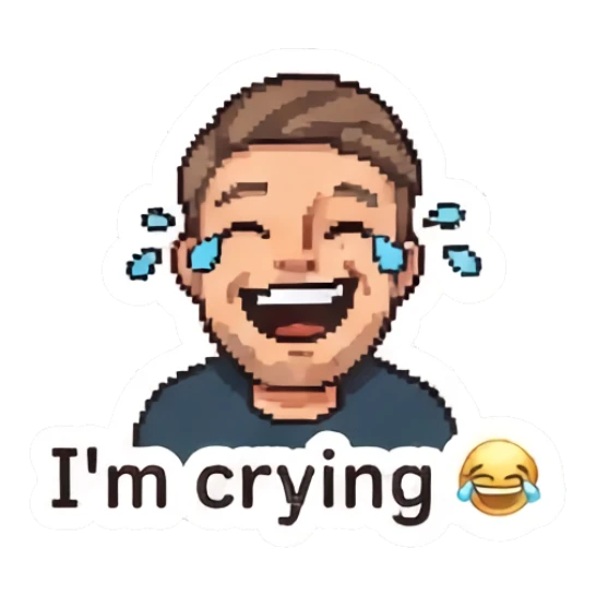 Happy man laughing with tears of joy. Pixel Guy Daily Vibes sticker for expressive chats and social replies.