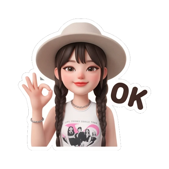 Girl in hat making OK gesture with text OK Chic Hat Girl Expressions sticker for expressive chats and social replies.