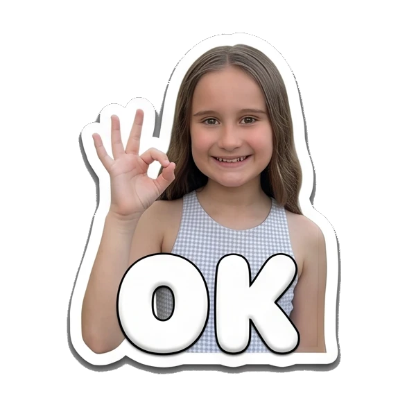 Young girl making an OK hand gesture with text OK Cheerful Girl Daily Life sticker for expressive chats and social replies.