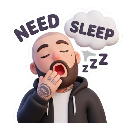 Bearded man yawning and looking sleepy, text NEED SLEEP Bearded Guy Daily Vibes sticker for expressive chats and social replies.