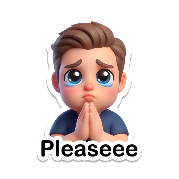 Young man looking pleading with puppy eyes and 'Pleaseee' text. Modern Guy Daily Expressions sticker for expressive chats and social replies.