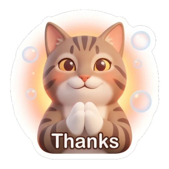 Tabby cat with hands together in gratitude, text Thanks Tabby Cat Daily Vibes sticker for expressive chats and social replies.