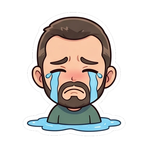 Bearded man crying a river of tears Cheerful Bearded Guy sticker for expressive chats and social replies.