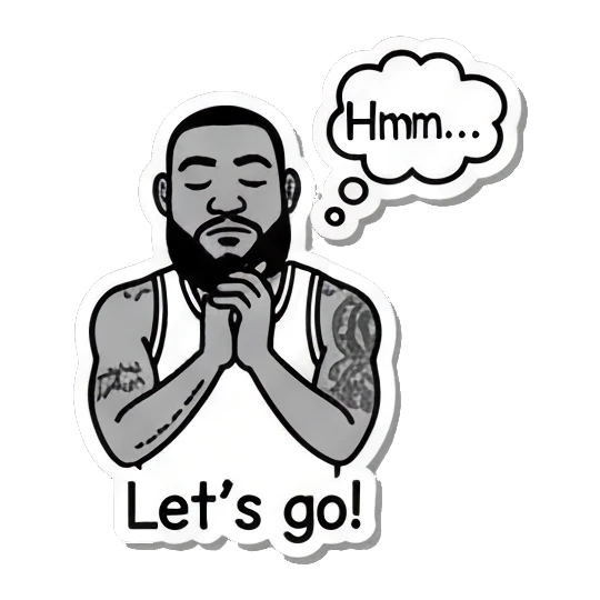 Basketball player with hands together in thought, text Hmm. King James Pop Art Vibes sticker for expressive chats and social replies.