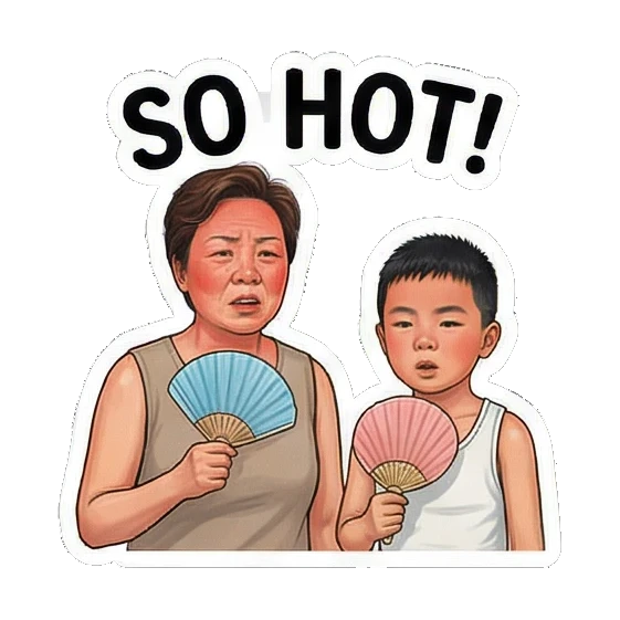 妈妈扇扇子儿子热 Mom & Son's Summer Fun sticker for expressive chats and social replies.