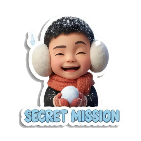 Boy with earmuffs laughing, secret mission Winter Boy Adventures sticker for expressive chats and social replies.