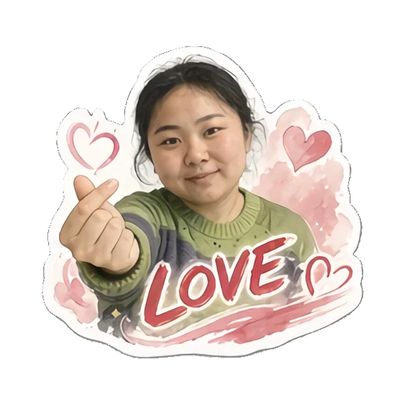Young woman making a finger heart gesture saying LOVE Cheerful Daily Life of a Young Woman sticker for expressive chats and social replies.