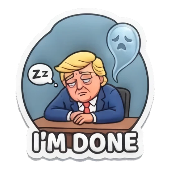 Trump tired at desk with ghost, text I'M DONE “DUMP TRUMP!” sticker for expressive chats and social replies.