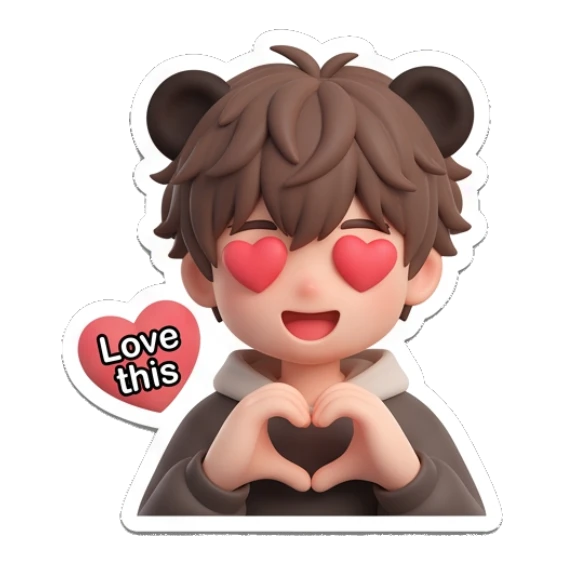 Happy boy with bear ears making heart hands with text Love this. Brown Bear Boy Daily sticker for expressive chats and social replies.