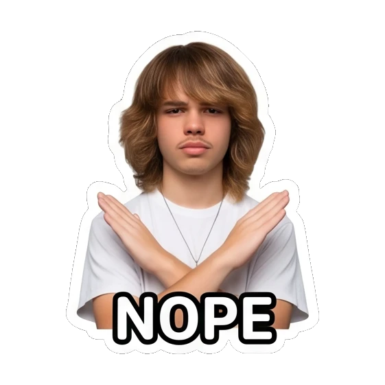 Teen boy crossing arms in rejection, text NOPE Teen Boy Daily Vibes sticker for expressive chats and social replies.