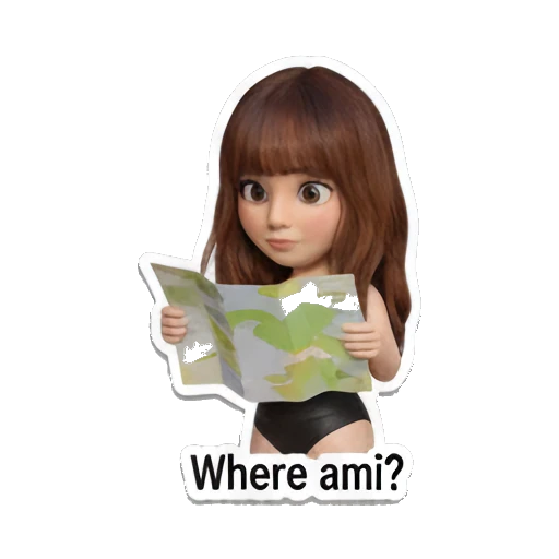 Girl looking at a map, confused, text Where ami Summer Vacation Girl sticker for expressive chats and social replies.