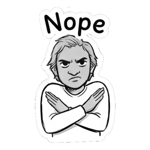 Character crossing arms with a grumpy face saying Nope Daily Doodle Life sticker for expressive chats and social replies.