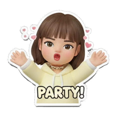 Excited girl celebrating with PARTY text Cute 3D Girl Daily Life sticker for expressive chats and social replies.