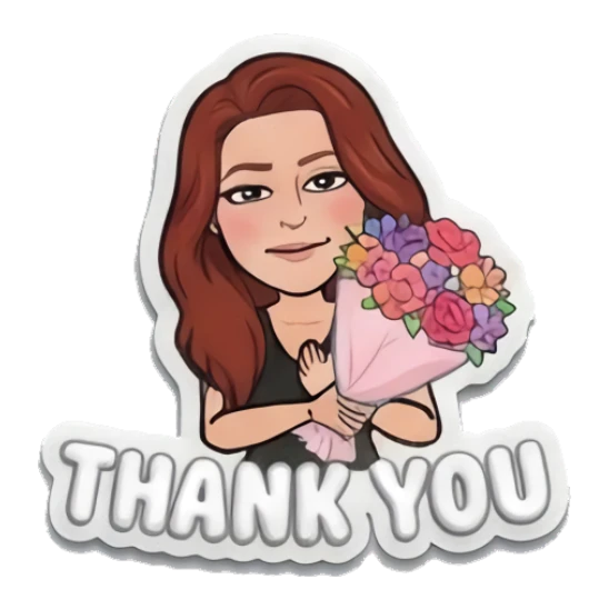 Red-haired girl holding a bouquet of flowers, text THANK YOU Red-Haired Girl Daily Moods sticker for expressive chats and social replies.