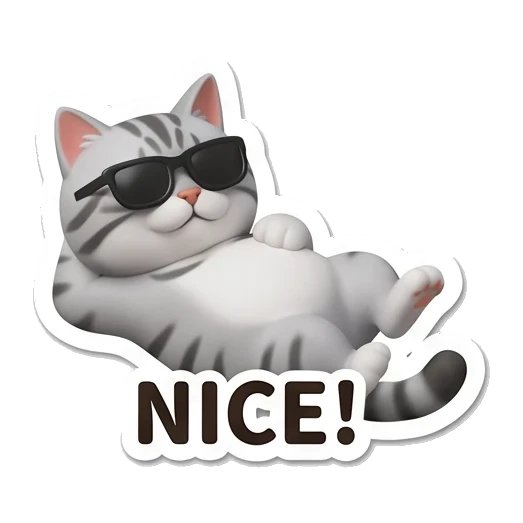Gray tabby cat lying down wearing sunglasses with NICE text Cheerful Gray Tabby Cat sticker for expressive chats and social replies.