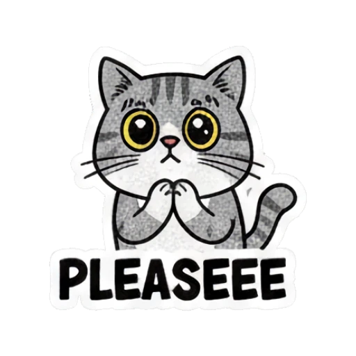 Grey cat begging with clasped paws with text PLEASEEE Grumpy Grey Cat Daily Moods sticker for expressive chats and social replies.