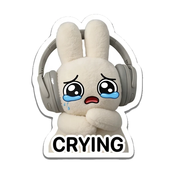 Bunny crying with sad expression saying CRYING Music Loving Bunny sticker for expressive chats and social replies.