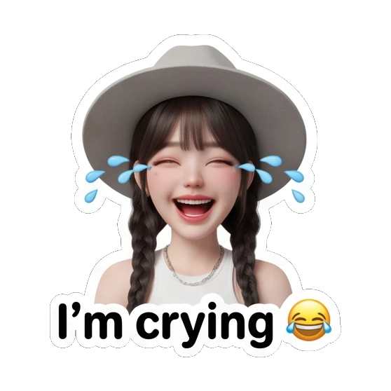 Girl with hat crying with laughter, text I'm crying Chic Hat Girl Expressions sticker for expressive chats and social replies.