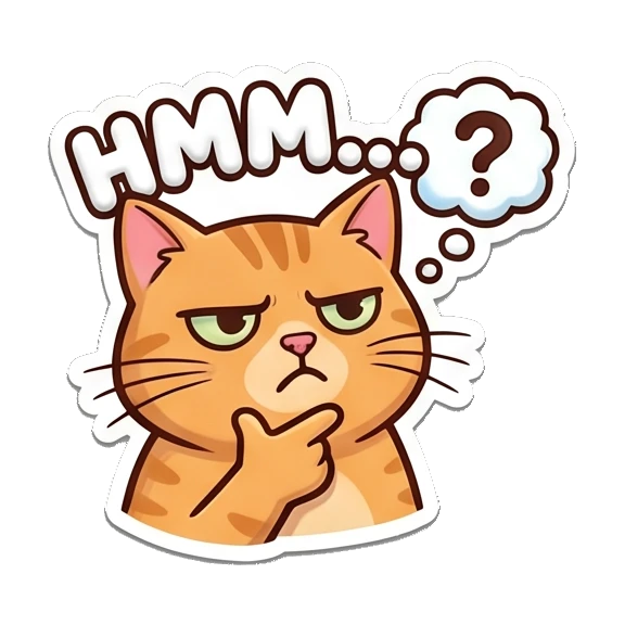 Thinking orange cat with question mark, text HMM Puffy Orange Cat Moods sticker for expressive chats and social replies.