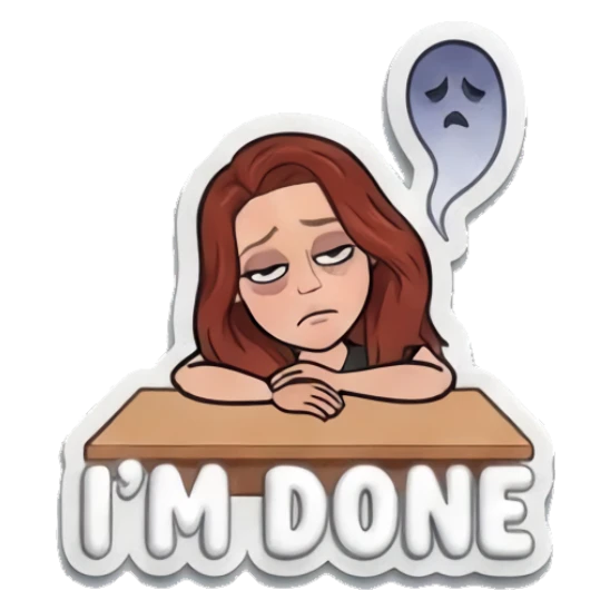 Red-haired girl resting head on desk looking exhausted, text IM DONE Red-Haired Girl Daily Moods sticker for expressive chats and social replies.