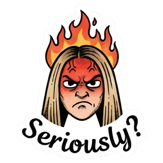 Blonde girl with angry fire hair and text 'Seriously?' Vintage Blonde Expressionist sticker for expressive chats and social replies.