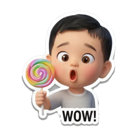 Surprised baby with lollipop 'WOW!' Baby's Daily Moods sticker for expressive chats and social replies.
