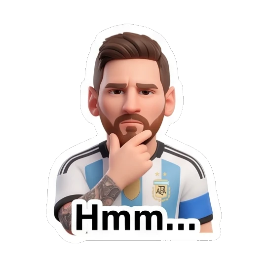Messi touching chin in a thoughtful pose Messi Moods sticker for expressive chats and social replies.