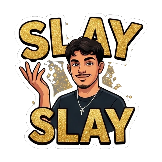 Confident young man with 'SLAY' text. Cool Guy Daily Vibes sticker for expressive chats and social replies.