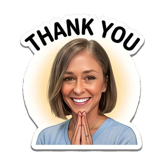 Woman smiling with hands together, text THANK YOU Everyday Expressions of Sarah sticker for expressive chats and social replies.