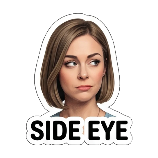 Woman giving side eye with 'SIDE EYE' text Everyday Office Lady sticker for expressive chats and social replies.