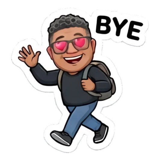 Man waving goodbye with backpack, text BYE Cool Guy Daily Vibes sticker for expressive chats and social replies.