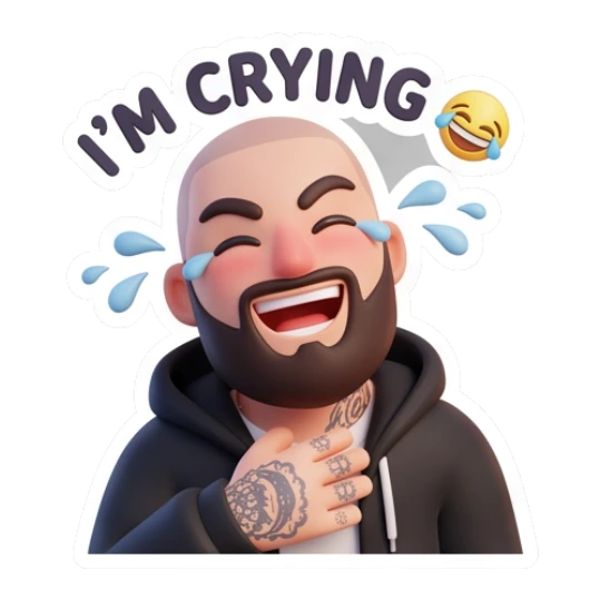 Bearded man laughing with tears, text I'M CRYING Bearded Guy Daily Vibes sticker for expressive chats and social replies.