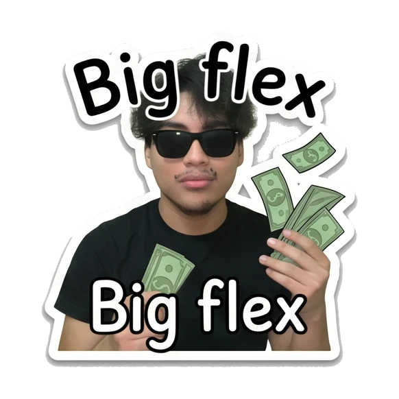 Young man wearing sunglasses holding money with text Big flex Daily Life of a Cool Guy sticker for expressive chats and social replies.