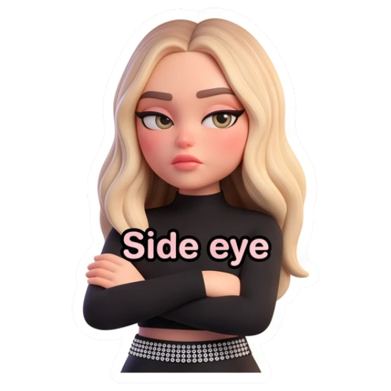 Blonde girl giving side eye with Side eye text Blonde Girl Daily Vibes sticker for expressive chats and social replies.