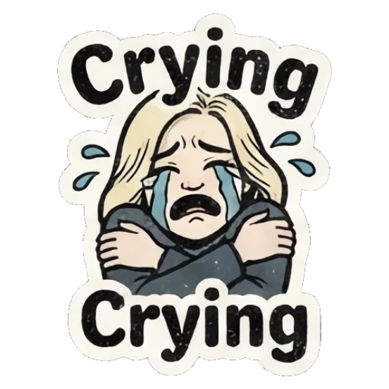 Crying blonde girl hugging herself in distress. Retro Blonde Comic Vibes sticker for expressive chats and social replies.